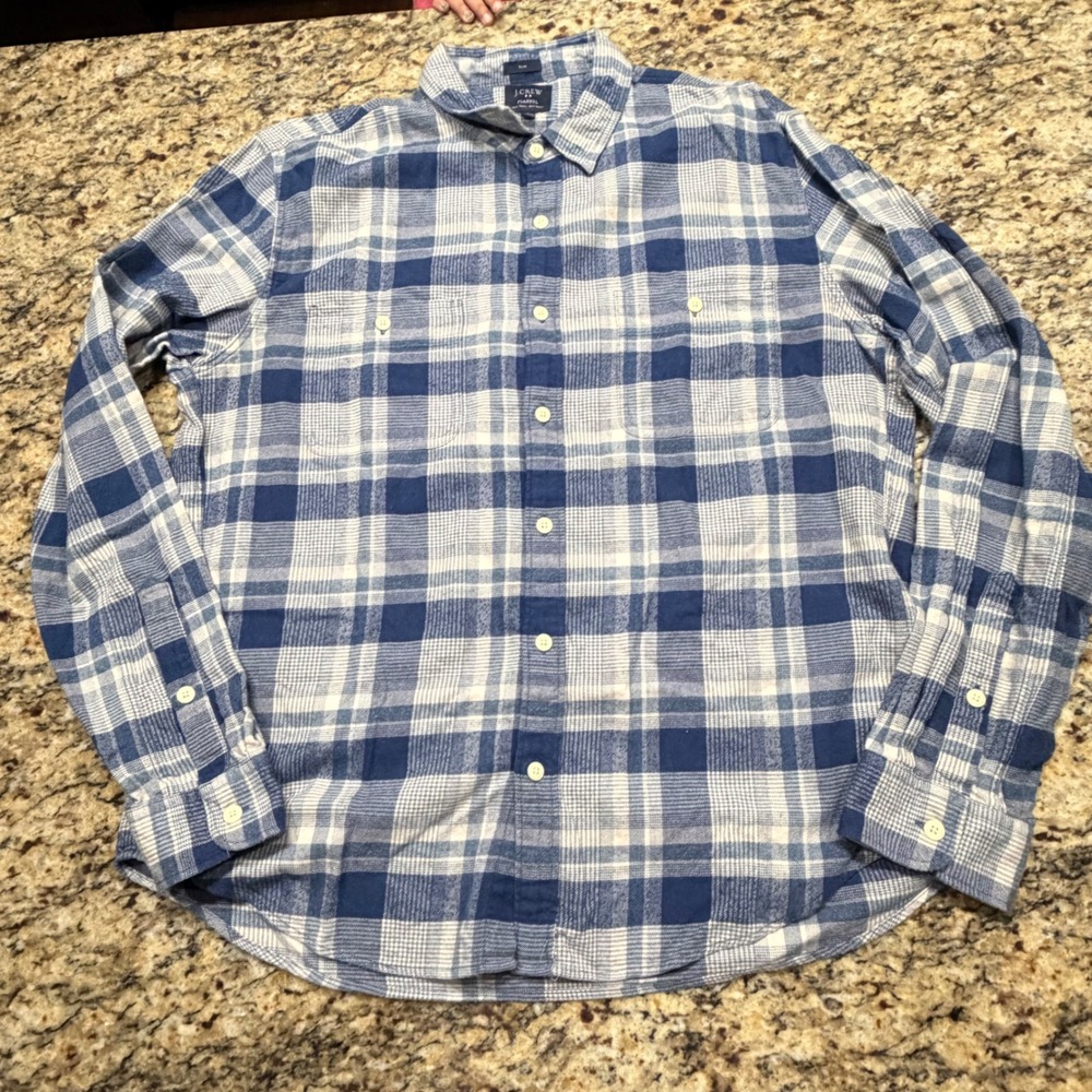 J. Crew Flannel Shirt Mens XL Slim Blue White Plaid Long Sleeve Button‎ Down